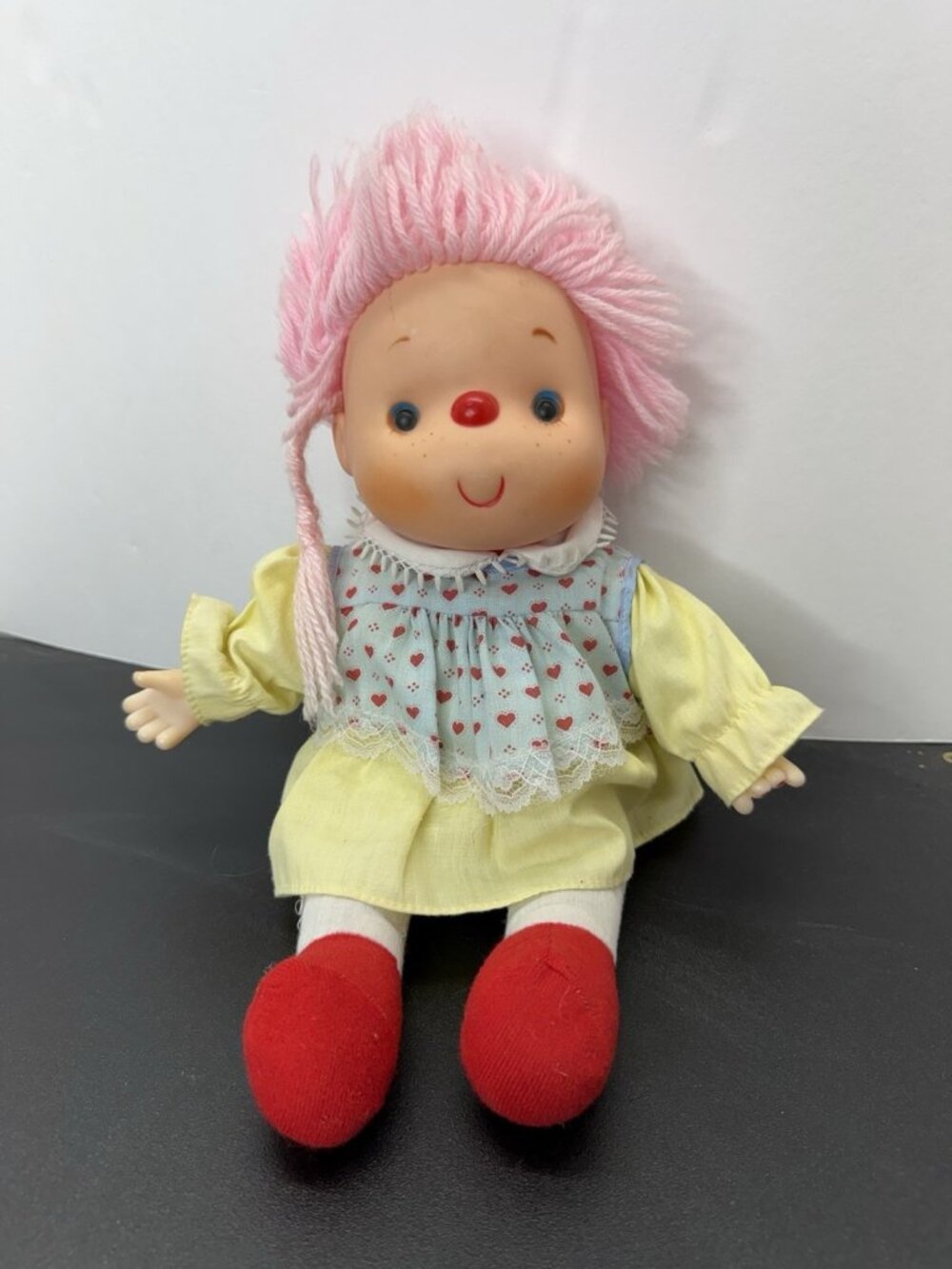 Vintage 1980s Ice Cream Girl Doll 10-12”. Pink Hair Hat Soft Body Play Doll